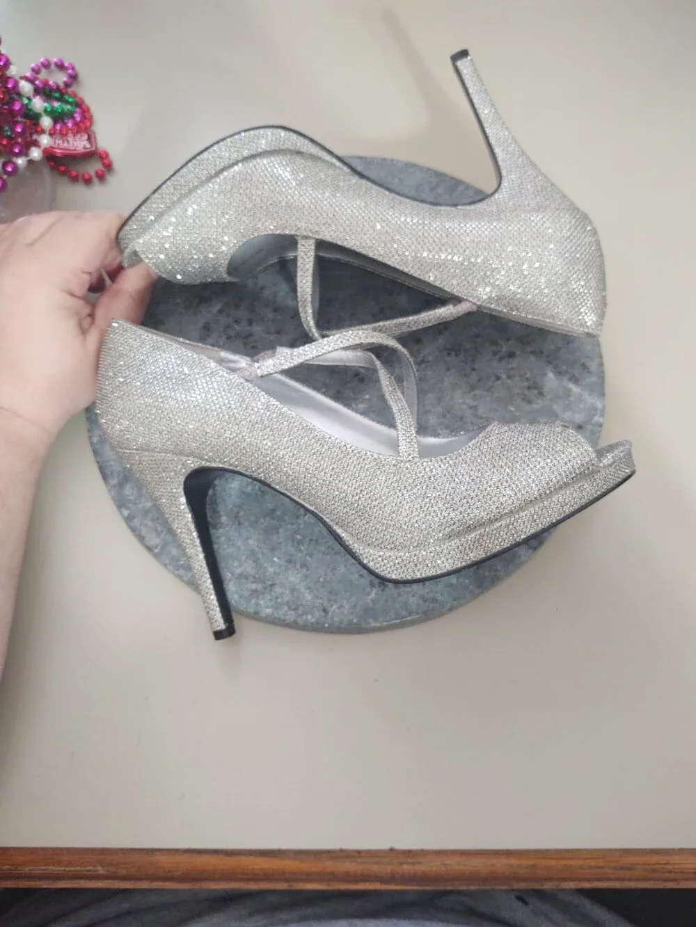 Adrianna Papell Boutique Silver Sparkle Peep Toe Heels 9.5
